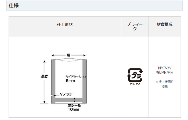 真空パック用規格袋 規格